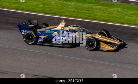 Indianapolis, USA. 12. Mai 2023. 12. Mai 2023 – Indianapolis, IN: CONOR DALY (20) aus Noblesville, Indiana, reist durch die Kurven während einer Übung für den GMR Grand Prix auf dem Indianapolis Motor Speedway in Indianapolis IN INDIANAPOLIS. (Kreditbild: © Walter G. Arce Sr./ZUMA Press Wire) NUR REDAKTIONELLE VERWENDUNG! Nicht für den kommerziellen GEBRAUCH! Stockfoto