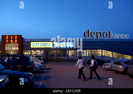 Depot Mantorp, Einkaufszentrum, Mantorp, Schweden. Stockfoto