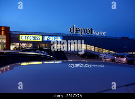 Depot Mantorp, Einkaufszentrum, Mantorp, Schweden. Stockfoto