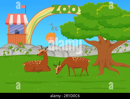 Kind mit Tierballon, das Hirsche im Zoo ansieht Stock Vektor