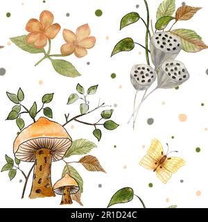 Wasserfarbenes, nahtloses Pilzmuster. Illustration von Pilzen, Pflanzen, Blumen und Schmetterlingen. Stockfoto