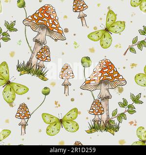Wasserfarbenes, nahtloses Pilzmuster. Illustration von Pilzen, Amanita-Pilzen, Waldpflanzen und einem Schmetterling. Stockfoto