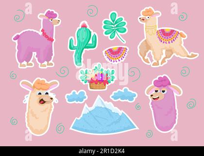Farbenfrohes Sticker-Set mit Lamas Stock Vektor