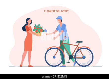 Glückliche Frau, die Blumen vom Kurier bekommt Stock Vektor
