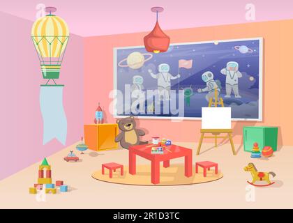 Spielzimmer mit bunten Spielzeugen und Möbeln Stock Vektor
