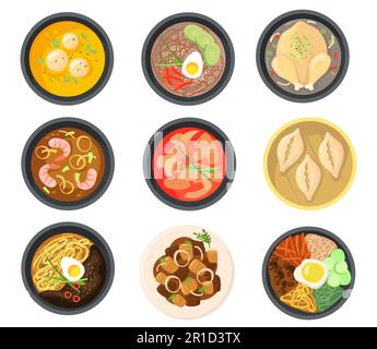 Blick von oben auf verschiedene südkoreanische Gerichte Stock Vektor