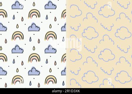 Wetterfreundliches, nahtloses Muster-Set mit 2 Layouts, Regenbogenformen, handgezeichnete Farbgrafiken, Zeichentrickfilme für Babys. Pastellrosa Stock Vektor
