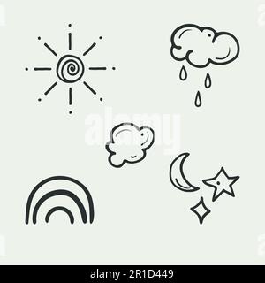 Wetter-Piktogramm, handgezeichnete Ikonensammlung, Doodle Black Striche, isolierte Elemente im Cartoon-Stil. Vektor Stock Vektor