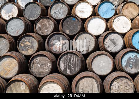 12. Mai 2023 Speyside Cooperage, Dufftown Road, Craigellachie, Moray, Schottland, AB38 9RS. Dies ist eine große Sammlung von Whisky und anderen Alkoholfässern. Stockfoto