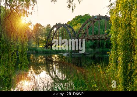 Holzbrücke Kanyavari als Symbol des kleinen Balaton-Sees Kis-Balaton in Ungarn. Stockfoto