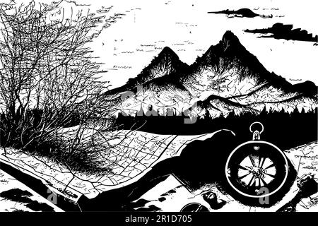 Alte Karte, Kompass und Berge. Vektorhintergrund für Aktivitäten im Freien. Stock Vektor