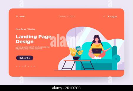 Frau, die auf dem Sofa saß, mit einem Laptop und lächelte Stock Vektor