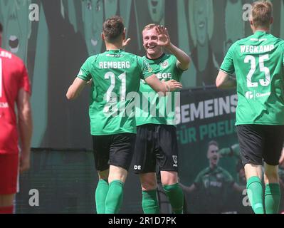 Münster, Deutschland. 13. Mai 2023. firo: 13.05.2023 Fußball, Fußball, Saison der Regionalliga, 2022/2023, Regionalliga West, Trottel, 34. Matchday SC Preussen Munster, SCP, Preußen Münster - Rot Weiss Ahlen Nicolai Remberg, Cheers, Jubel, danach, seine, Ziel, bis, 2:0 Punkte: dpa/Alamy Live News Stockfoto