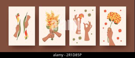Poster mit zeitgenössischer Kunst mit Blumen und Händen Stock Vektor