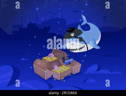 Haipirat schwimmt zu Schätzen Cartoon-Vektorgrafik Stock Vektor