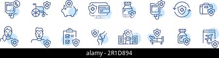 Krankenversicherung. Stationäre Leistungen, Unfallversicherung, Chirurgie usw. Symbole für pixelgenaue, bearbeitbare Konturen festgelegt Stock Vektor