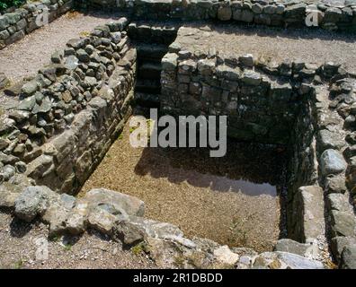 Der gesunkene Hochhaus (Sacellum) im Hauptgebäude (Prinzipiengebäude) im Zentrum der römischen Festung Segontium, Caernarfon, Gwynedd, Wales, Vereinigtes Königreich. Stockfoto