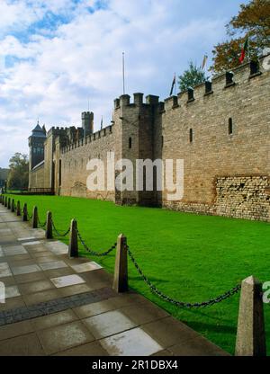 Werfen Sie einen Blick auf die südliche C19. Mauer des späten 3. Jahrhunderts (c 290AD) am römischen Ufer von Cardiff Castle, Wales, Großbritannien. Stockfoto