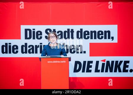 Berlin, Deutschland. 13. Mai 2023. Franziska Brychcy, Kandidat für den Berliner Staatsvorsitzenden der Linken, spricht auf der Parteikonferenz der Linken. Nach sechseinhalb Jahren ist Schubert, die Staatspräsidentin, nicht mehr kandidiert. Kredit: Christoph Soeder/dpa/Alamy Live News Stockfoto