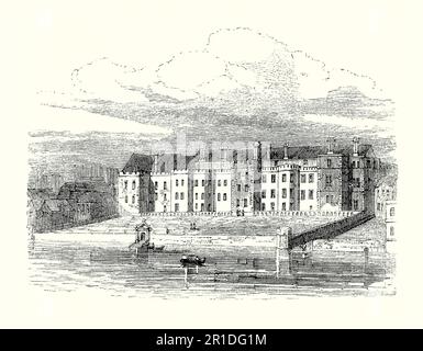 Eine alte Gravur von der Themse, die den ursprünglichen Somerset Place (Somerset House), Strand, City of London, England, UK in den 1500s Jahren zeigt. 1539 erhielt Edward Seymour, der 1. Graf von Hertford, hier ein Land. Als sein Neffe König Edward VI. 1547 König wurde, wurde Seymour Herzog von Somerset und Lord Protector. Er baute eine palastartige Residenz, eines der ersten englischen Renaissance-Häuser. Somerset wurde 1552 hingerichtet. Irgendein Ort kam in den Besitz der Krone. Die zukünftige Königin Elizabeth I. lebte dort in den 1550s. Das ursprüngliche Somerset-Haus wurde 1775 abgerissen. Stockfoto