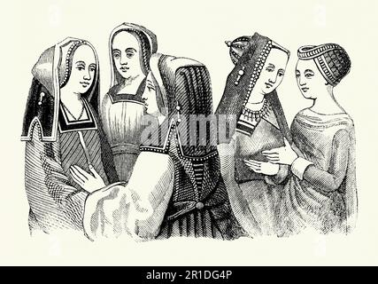 Eine alte Gravur von Kleidung, die Frauen in der Tudor Times in England trugen. Der Kleidungsstil stammt aus dem späten 15. Und frühen 16. Jahrhundert während der Herrschaft Heinrich VII. (1485-1509). In der Frauenkleidung ist besonders hervorzuheben, was auf dem Kopf getragen wird. Diese aufgestickten Kapuzen, die manchmal unterhalb der Schulter lagen, verborgen den Großteil des Haares. Das sichtbare Haar ist geflochten. Die äußeren Kleider waren bodenlang mit einem rechteckigen Oberteil und einem hohen Bund. Diese Kleidung wäre von den Leuten in der Gesellschaft getragen worden, die Geld, Adel, Adel und andere, die mit dem königlichen Hof zu tun haben. Stockfoto