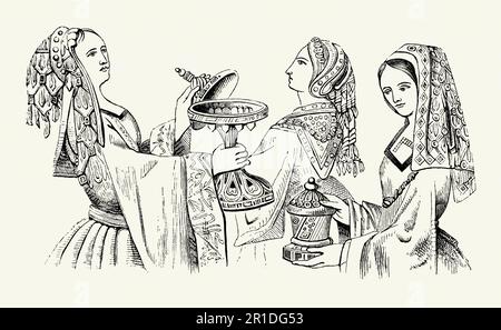 Eine alte Gravur von Kleidung, die Frauen in der Tudor Times in England trugen. Der Kleidungsstil stammt aus der ersten Hälfte des 16. Jahrhunderts während der Herrschaft Heinrich VIII. (1547–1553). In den Kleidern waren oft lange Kleider, die oft mit Juwelen bestickt waren. Eckige Ausschnitte und lockere Ärmel zum Aufhängen waren beliebt. Für Frauen war langes Haar modisch, oft in Zöpfen. Die Kopfbedeckung enthielt aufgestickte Kapuzen und Schals. Diese Kleidung wäre von den Leuten in der Gesellschaft getragen worden, die Geld, Adel, Adel und andere, die mit dem königlichen Hof zu tun haben. Stockfoto