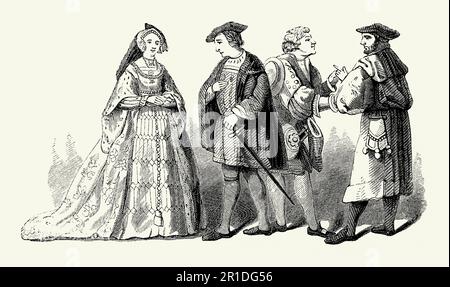 Eine alte Gravur von Kleidung, die in der Tudor Times in England getragen wurde. Der Kleidungsstil stammt aus der ersten Hälfte des 16. Jahrhunderts während der Herrschaft Heinrich VIII. (1509–1547). Männerbekleidung bestand oft aus Doppelwänden und Pantaloons, über denen ein kurzer Umhang mit Armlöchern und ein Fell- oder Samtkragen getragen wurden. Flache Kappen waren ein häufiges Merkmal. Für Frauen war langes Haar modisch. Lange Kleider waren oft mit Juwelen bestickt. Diese Kleidung wäre von den Leuten in der Gesellschaft getragen worden, die Geld, Adel, Adel und andere, die mit dem königlichen Hof zu tun haben. Stockfoto