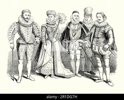 Eine alte Gravur von Kleidung, die in der Tudor/Elisabethanischen Zeit in England getragen wurde. Der Kleidungsstil stammt aus dem 16. Und frühen 17. Jahrhundert während der Herrschaft von Elizabeth I. (1558-1603). Mehr Abwechslung in Geschmack und Mode der Epoche. Damenkleidung bestand aus langen Kleidern und Bademänteln, die oft mit Juwelen bestickt waren. Halsschellen waren beliebt. Für Männer wurden Doppelhosen und Schläuche getragen, wobei die Hosen in verschiedenen Längen unter einem konischen/schmalen Taillenbund oder Steert lagen. Kurze Umhänge darüber getragen. Die wären von den Leuten getragen worden, die Geld haben, Adel und Adel am Hof haben. Stockfoto