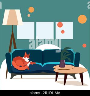 Eine Zeichentrickzeichnung einer Katze auf einer Couch, Wohnzimmer mit Sofa. Vektordarstellung in flacher Form. Vektordarstellung Stock Vektor