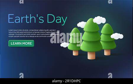 3D Kiefern mit fliegenden Wolken, isoliert im Hintergrund. Bannerdesign-Konzept mit Text und Handlungsaufforderung für den Tag der Erde, die Umwelt, die Natur, das Wahrzeichen. 3D-Vektordarstellung. Vektordarstellung Stock Vektor