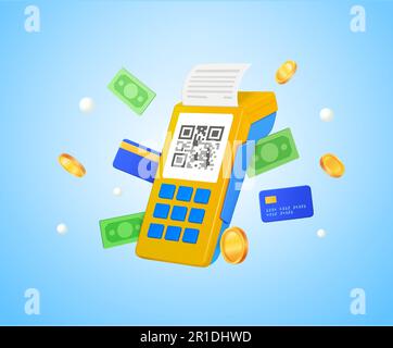 3D-Pos-Terminal mit QR-Code, Bankkreditkarten, Dollars, Münzen im Umlauf, isoliert im Hintergrund. Designkonzept für Online-Zahlungen, -Einkäufe, -Transaktionen. 3D-Vektordarstellung. Vektordarstellung Stock Vektor