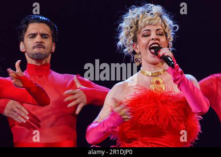 12. Mai 2023, Liverpool, Vereinigtes Königreich: Portugals Mimicat singt Ai Coracao beim Grand Final des Eurovision Song Contest 2023 in der Liverpool Arena. (Kreditbild: © Andy von Pip/ZUMA Press Wire) NUR REDAKTIONELLE VERWENDUNG! Nicht für den kommerziellen GEBRAUCH! Stockfoto