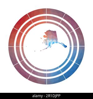 Alaska-Abzeichen. Helles Farbverlauf-Logo des US-Bundesstaates in flachem Poly-Stil. Buntes, abgerundetes Alaska-Schild mit Karte im geometrischen Stil für Ihre Infografiken. Stock Vektor