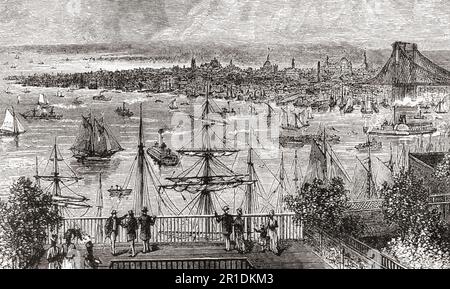 New York im 19. Jahrhundert, aus Brooklyn Heights gesehen. From America Revisited: From the Bay of New York to the Gulf of Mexico, veröffentlicht 1886. Stockfoto