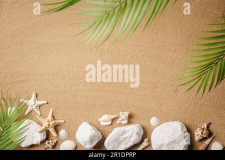 Flach liegend mit wunderschönen Seesternen, Steinen und Muscheln auf Sand mit Palmenblättern und Schatten Draufsicht, Platz für Text Stockfoto