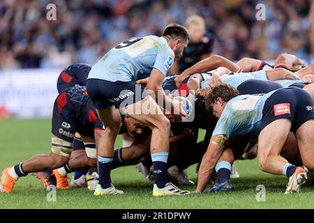 Sydney, Australien. 13. Mai 2023. Jake Gordon von den Waratahs bereitet sich darauf vor, den Ball während des Super Rugby Pacific-Spiels zwischen den Waratahs und den Rebellen im Allianz Stadium am 13. Mai 2023 in Sydney, Australien, in den Skrum zu füttern. Credit: IOIO IMAGES/Alamy Live News Stockfoto