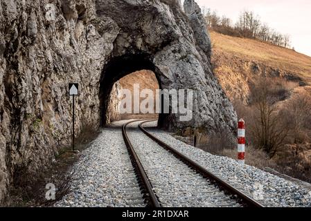 Alte Eisenbahn durch kurze Tunnel in malerischer ländlicher Landschaft Stockfoto