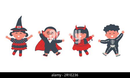 Halloween-Kinderparty. Kinder in Halloween-Kostümen. Hexe, Vampir, Kobold und Skelett auf dem Bild. Vektordarstellung Stock Vektor