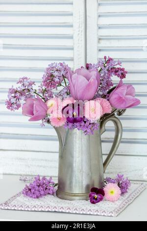 Strauß aus rosafarbener Veilchenblume, bellis perennis, Tulpen und Flieder in klassischer Kaffeedose Stockfoto