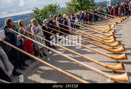 Stuttgart, Deutschland. 13. Mai 2023. Unter den Augen zahlreicher Zuschauer nehmen Alphorn-Spieler aus ganz Deutschland am Internationalen „Alphorn Summit“ 1. auf dem Württemberg Teil. Kredit: Christoph Schmidt/dpa/Alamy Live News Stockfoto