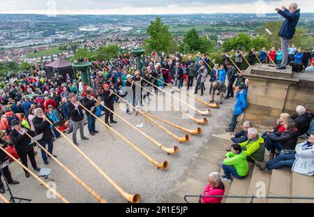 Stuttgart, Deutschland. 13. Mai 2023. Unter den Augen zahlreicher Zuschauer nehmen Alphorn-Spieler aus ganz Deutschland am Internationalen „Alphorn Summit“ 1. auf dem Württemberg Teil. Kredit: Christoph Schmidt/dpa/Alamy Live News Stockfoto