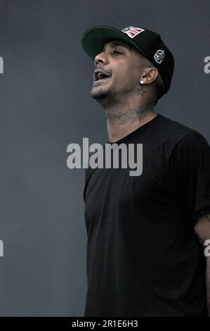 Mailand Italien 2012-06-07 : MC Rage of Chase and Status tritt auf dem Heineken Jammin Festival Arena Concerti - Fiera auf Stockfoto