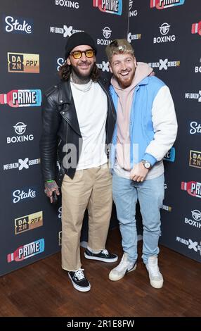 Pete Wicks und Sam Thompson kommen zum KSI gegen Joe Fournier Boxkampf in der OVO Arena Wembley, London. Foto: Samstag, 13. Mai 2023. Stockfoto