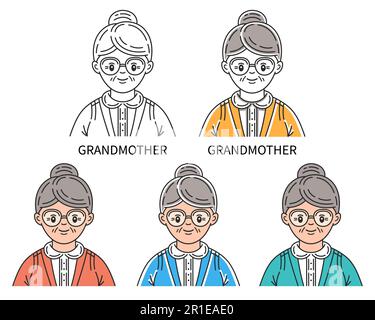 Großmutter ältere Frau mit Brille, alte Dame im Porträt, ältere Rentner im Alter Ikonenset. Großmutter Rentner Kopf Avatar. Ältere Menschen. Vektor Stock Vektor