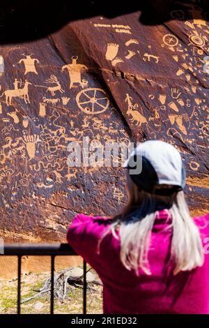 Touristenstudien für Seniorinnen Newspaper Rock Archaeological Site; Canyonlands National Park; Utah; USA Stockfoto