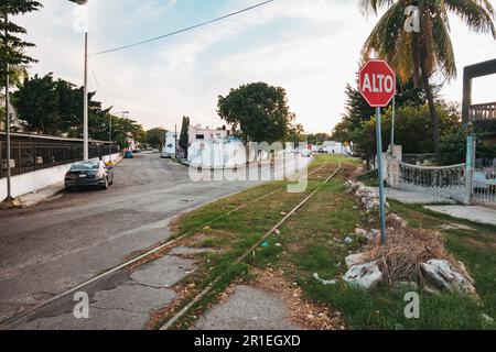 Ein Stoppschild an alten Eisenbahngleisen in Merida, Mexiko Stockfoto