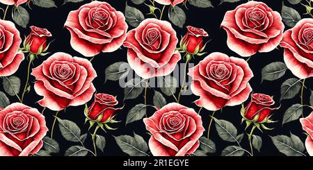 Rote Rosen Grüner Hintergrund Wasserfarbe Illustration nahtloses Muster Stockfoto