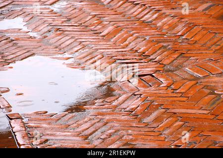 Regnerischer Tag, Wasserpfütze auf Ziegelboden in V-Form Stockfoto