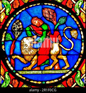 Buntglasfenster, Story of Samson, Killing a lion, von Alfred Gerente, 1851, Ely Cathedral, Cambridgeshire, England, Großbritannien Stockfoto