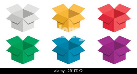 Set 3D FESTLICHE bunte Kartonverpackung für Geschenke, Vektorsammlung für Lieferung, Versand, Lager, isoliert auf weißem Hintergrund Stock Vektor